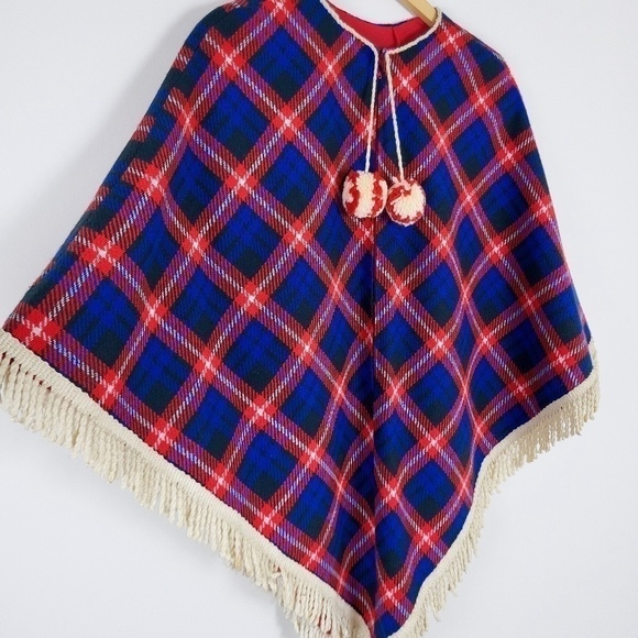 Vintage plaid poncho jacket cape fringe tassels lined warm winter zip-up - Picture 3 of 12